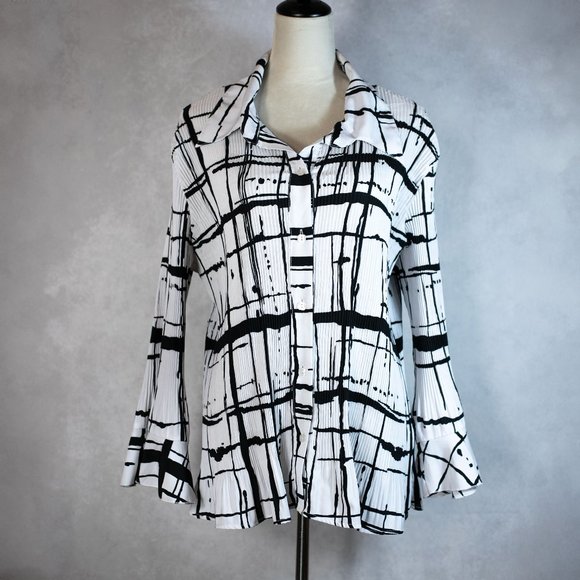 Milano Womens Pleated Button Down Shirt Flare Cuff Sleeves White/Black Size 1X - Picture 1 of 10
